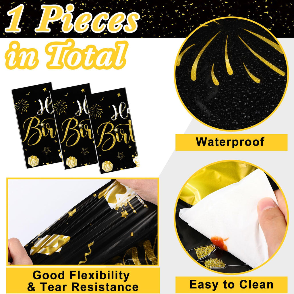 Tudomro 3 Pcs Happy Birthday Tablecloths – Black & Gold Disposable Table Covers 54 x 108 in