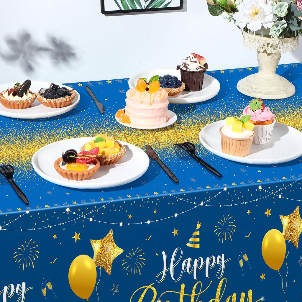 Tudomro 3 Pcs Happy Birthday Tablecloths – Blue & Gold, 108 x 54 in