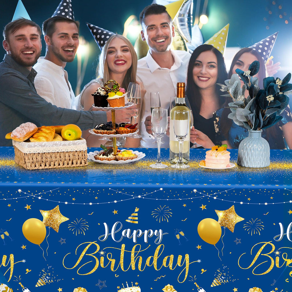 Tudomro 3 Pcs Happy Birthday Tablecloths – Blue & Gold, 108 x 54 in