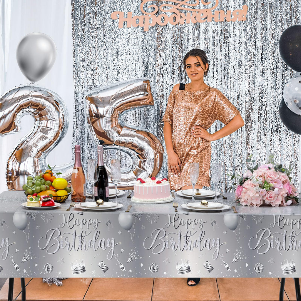Tudomro 3 Pcs Happy Birthday Tablecloths – 54 x 108 in Silver Plastic Covers