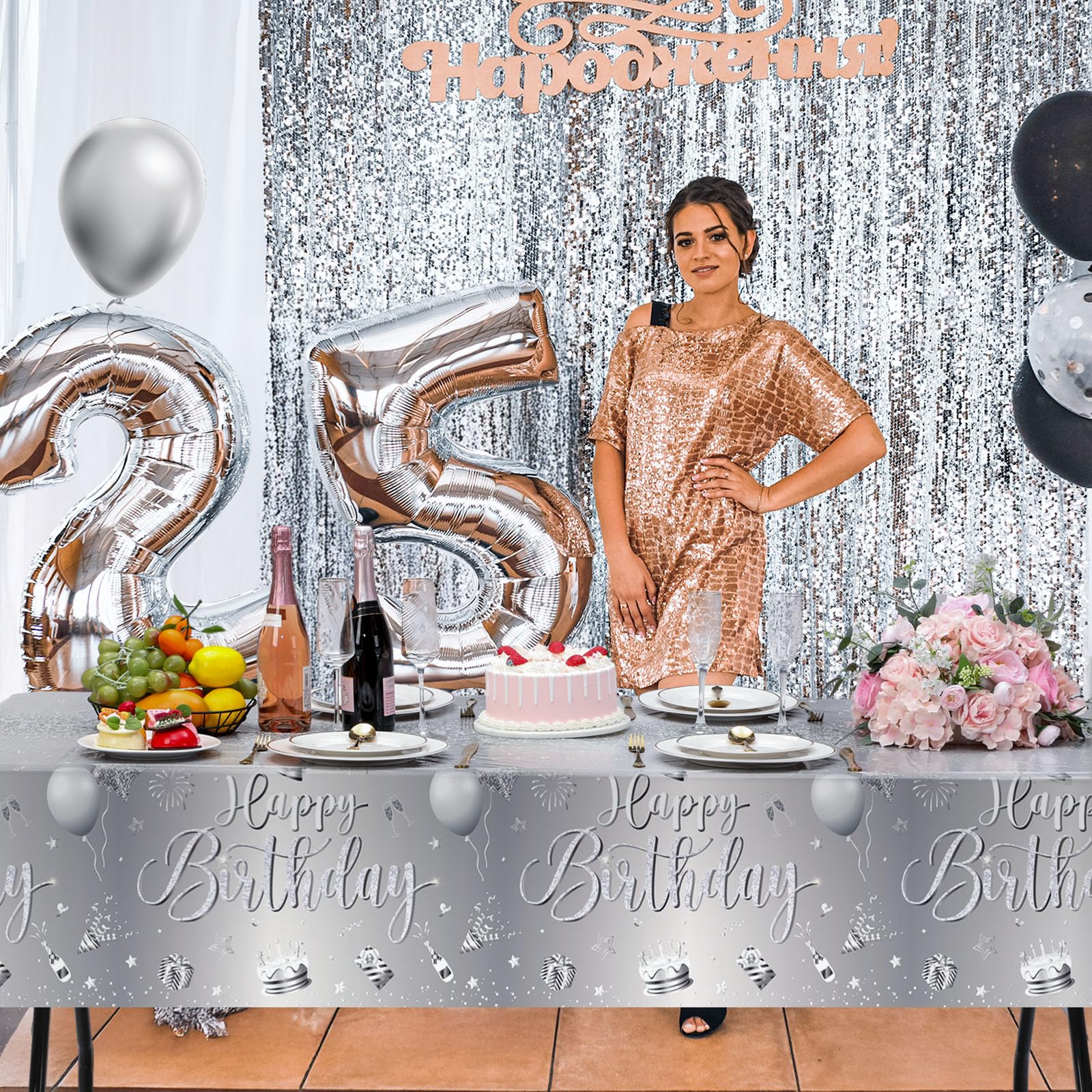 Tudomro 3 Pcs Happy Birthday Tablecloths – 54 x 108 in Silver Plastic Covers