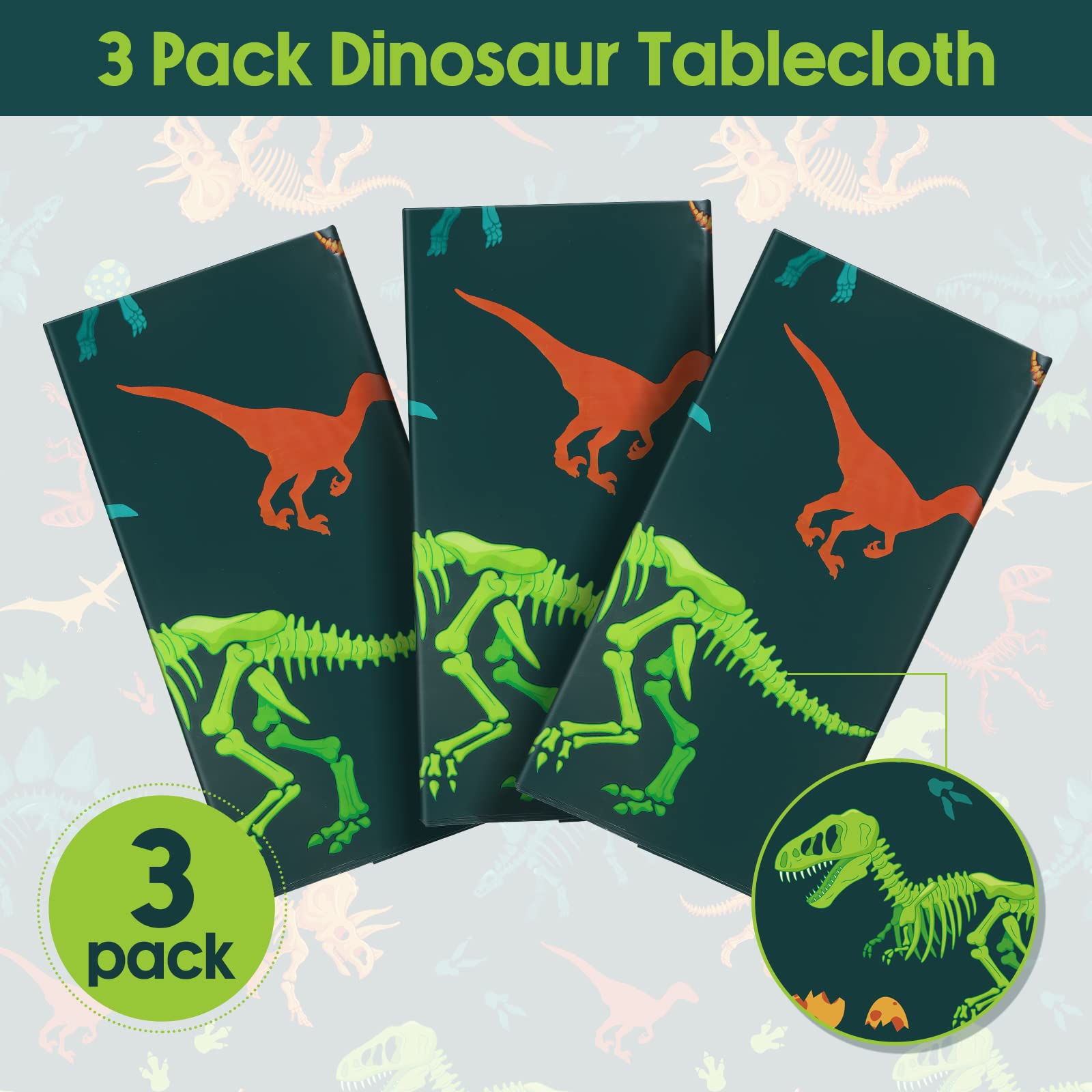 Tudomro 3-Piece Dinosaur Tablecloths – Large 54 x 108 in Disposable Birthday Table Cover