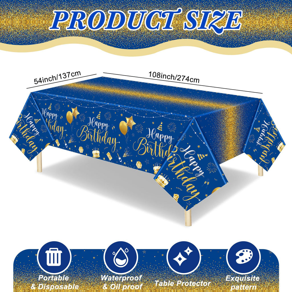 Tudomro 3 Pcs Happy Birthday Tablecloths – Blue & Gold, 108 x 54 in