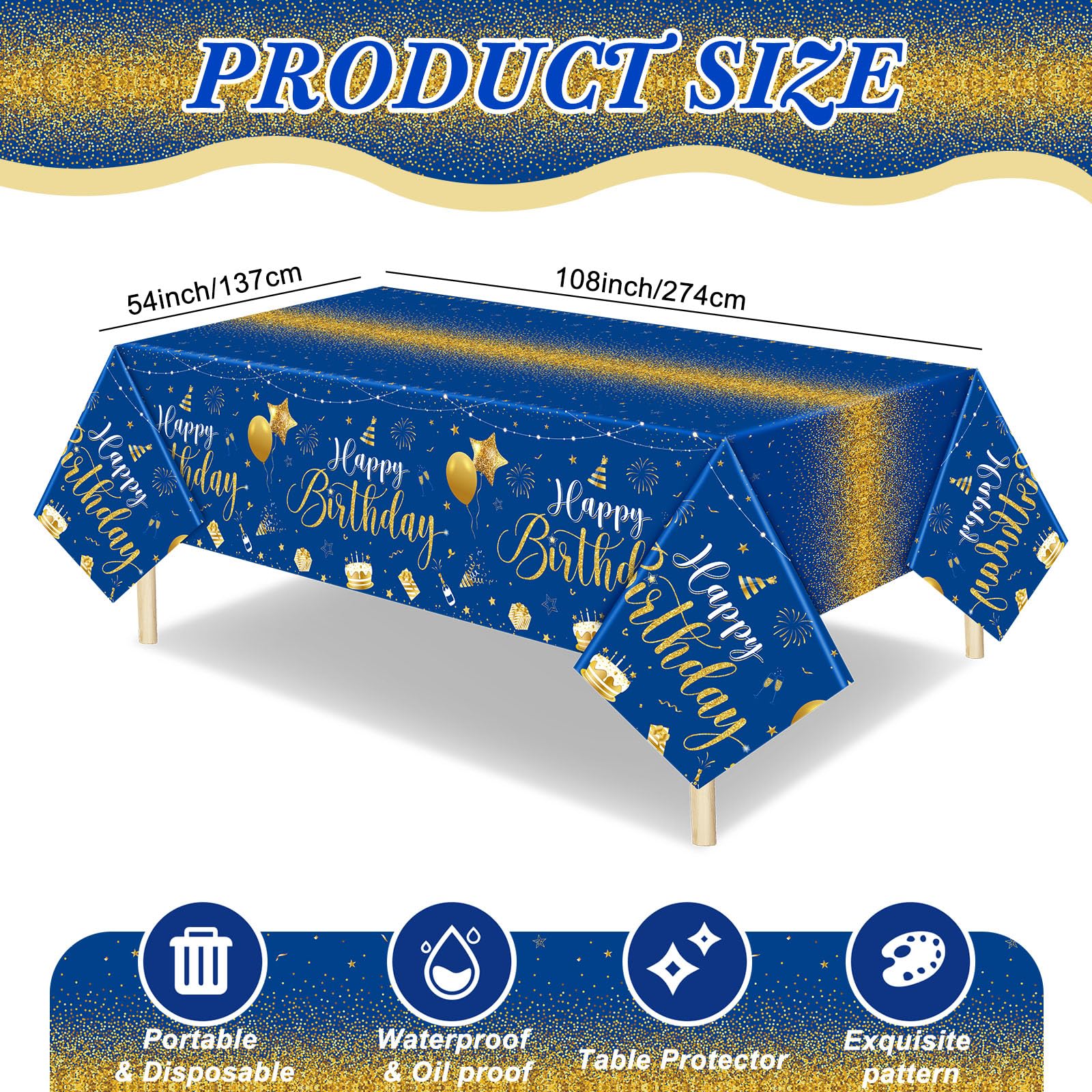 Tudomro 3 Pcs Happy Birthday Tablecloths – Blue & Gold, 108 x 54 in