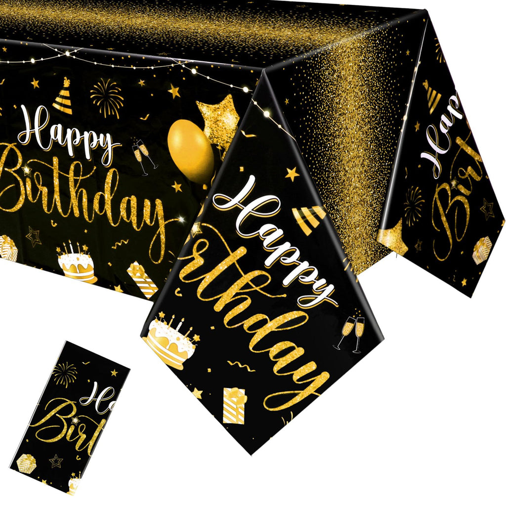 Tudomro 3 Pcs Happy Birthday Tablecloths – Black & Gold Disposable Table Covers 54 x 108 in