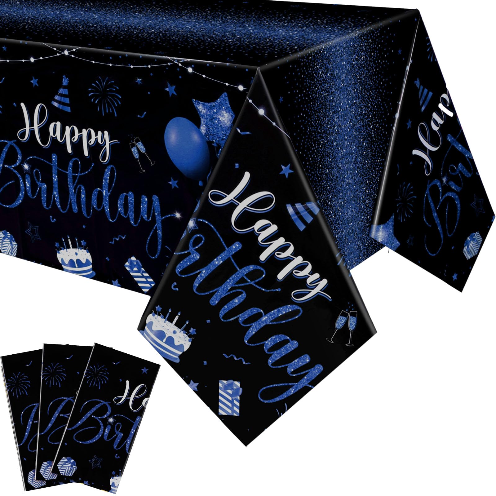 Tudomro 3-Piece Happy Birthday Tablecloths – Black & Blue, 108 x 54 in