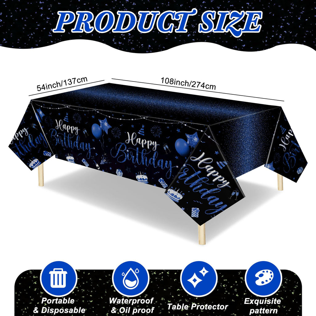 Tudomro 3-Piece Happy Birthday Tablecloths – Black & Blue, 108 x 54 in
