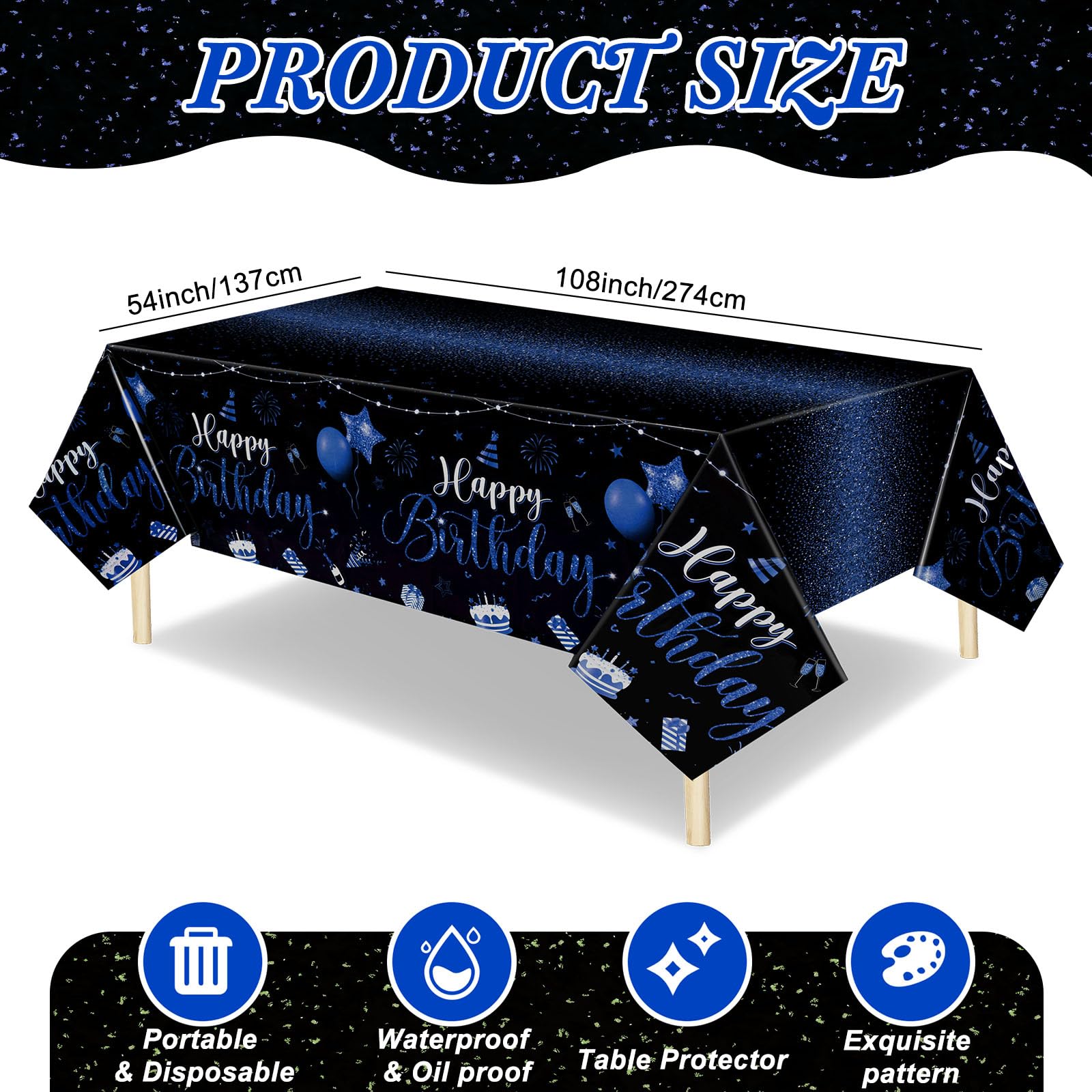 Tudomro 3-Piece Happy Birthday Tablecloths – Black & Blue, 108 x 54 in