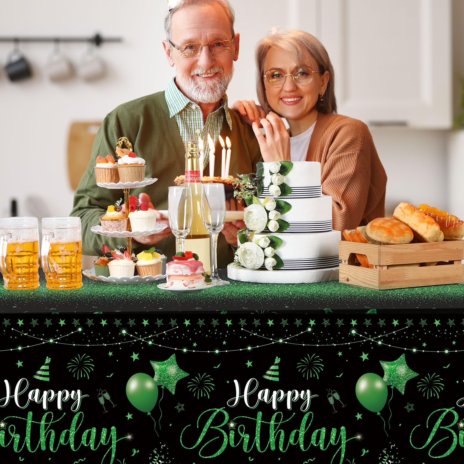 Tudomro 3 Pcs Happy Birthday Tablecloths – Black & Green Disposable Covers, 108 x 54 in