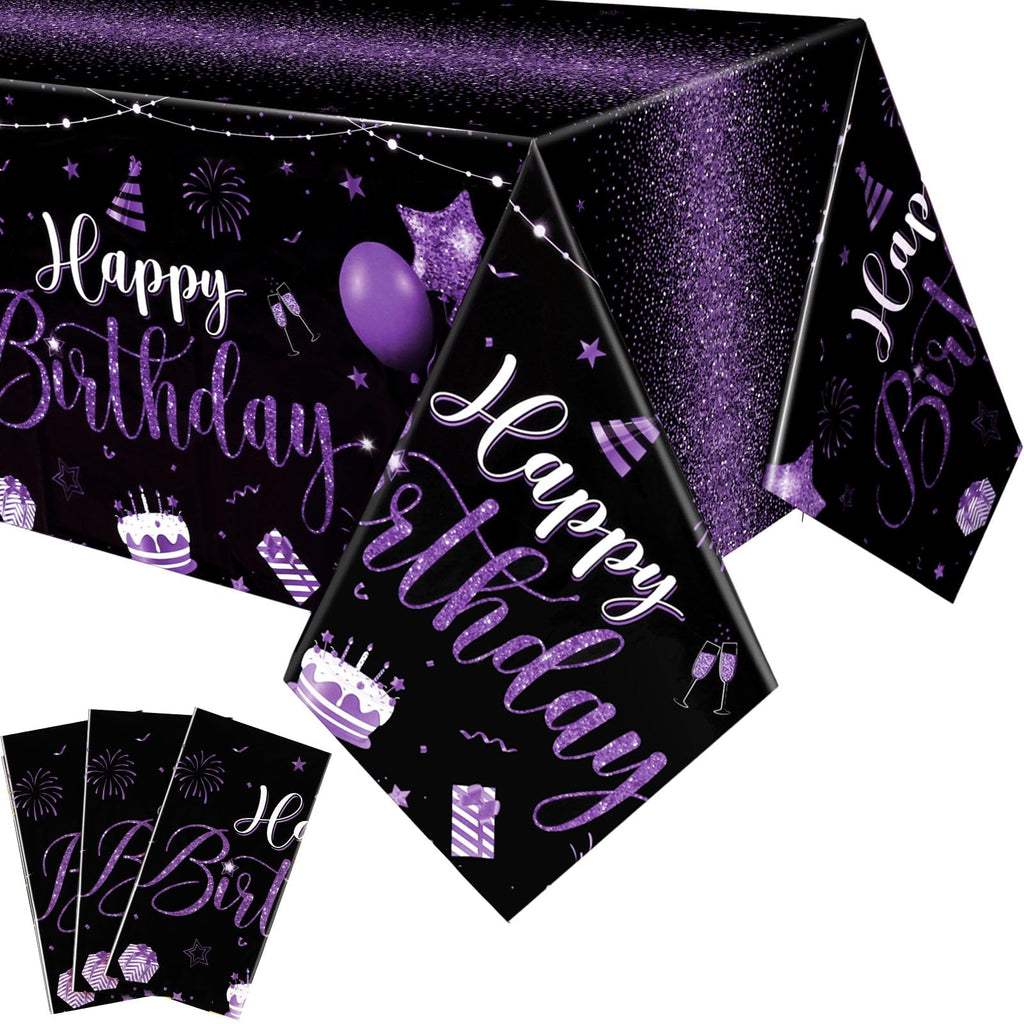 Tudomro 3 Pcs Happy Birthday Tablecloths — Black & Purple, 54 x 108 in, Disposable Party Covers
