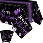 Tudomro 3 Pcs Happy Birthday Tablecloths — Black & Purple, 54 x 108 in, Disposable Party Covers