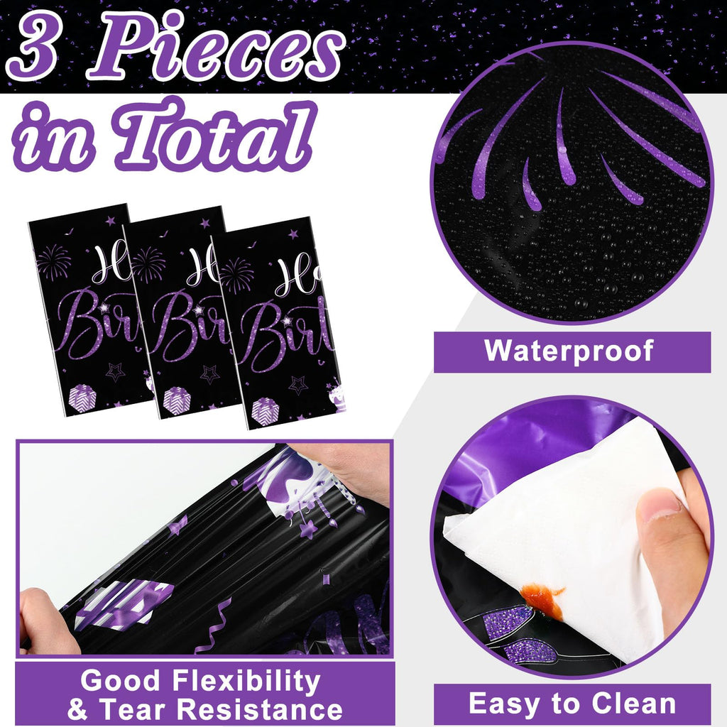 Tudomro 3 Pcs Happy Birthday Tablecloths — Black & Purple, 54 x 108 in, Disposable Party Covers