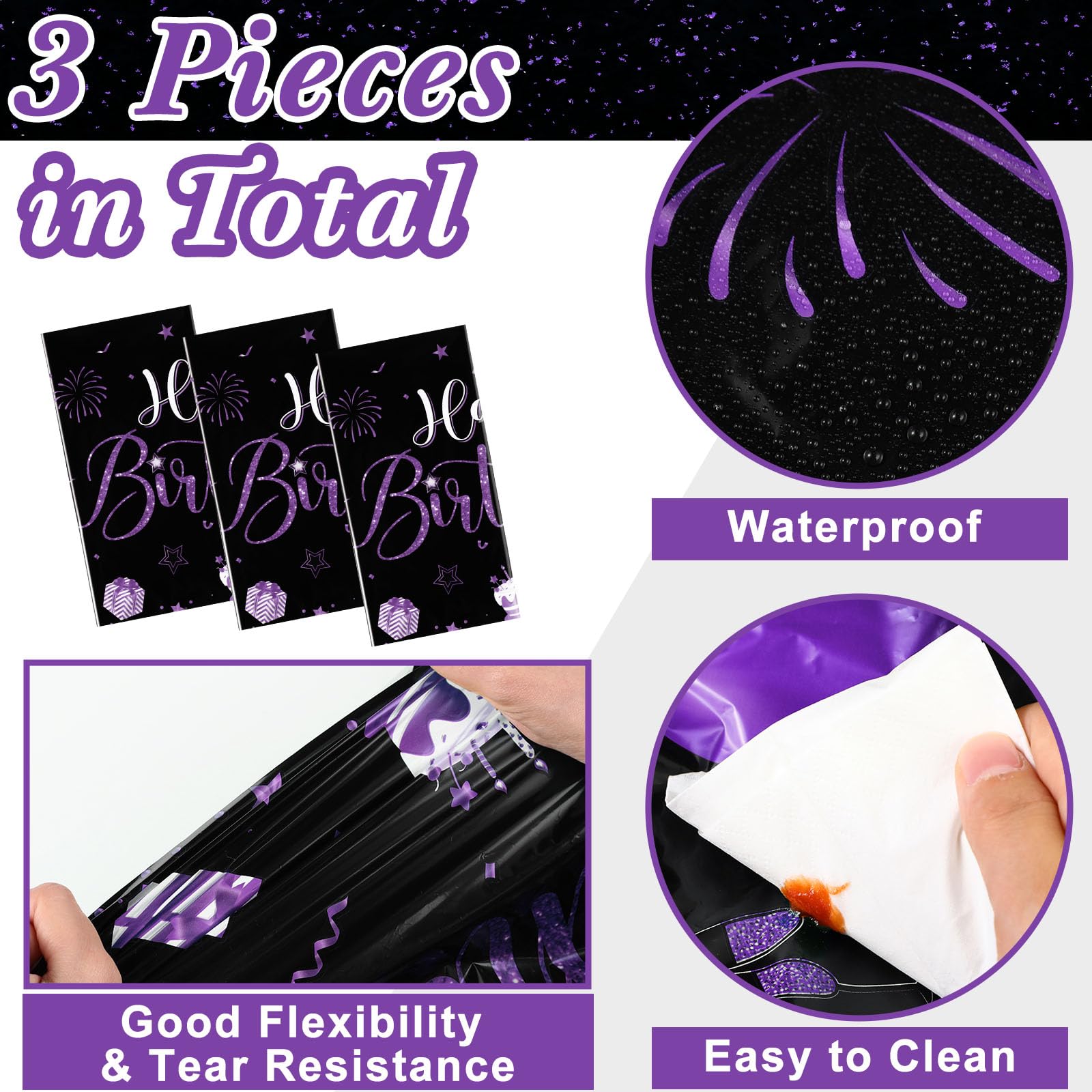 Tudomro 3 Pcs Happy Birthday Tablecloths — Black & Purple, 54 x 108 in, Disposable Party Covers
