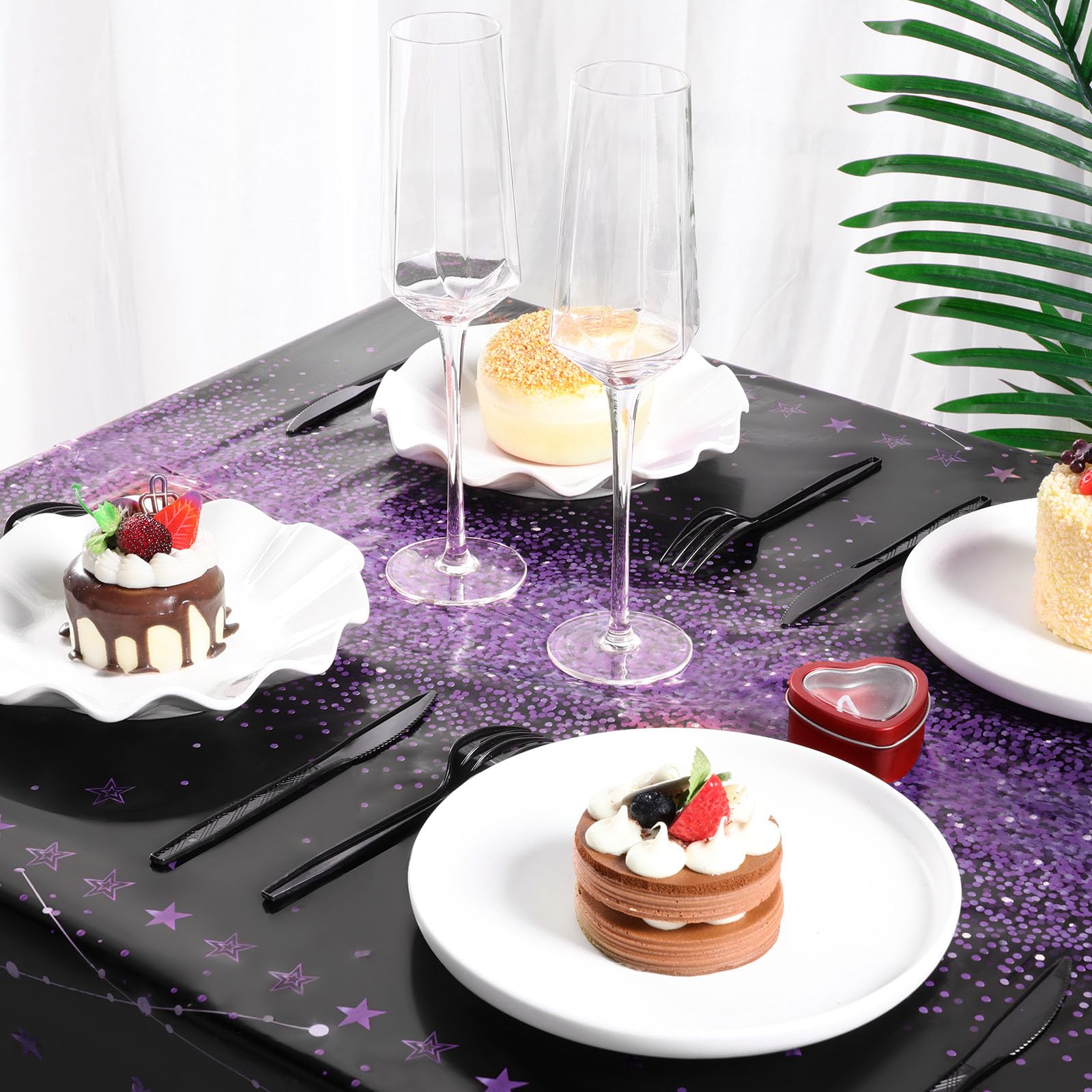 Tudomro 3 Pcs Happy Birthday Tablecloths — Black & Purple, 54 x 108 in, Disposable Party Covers
