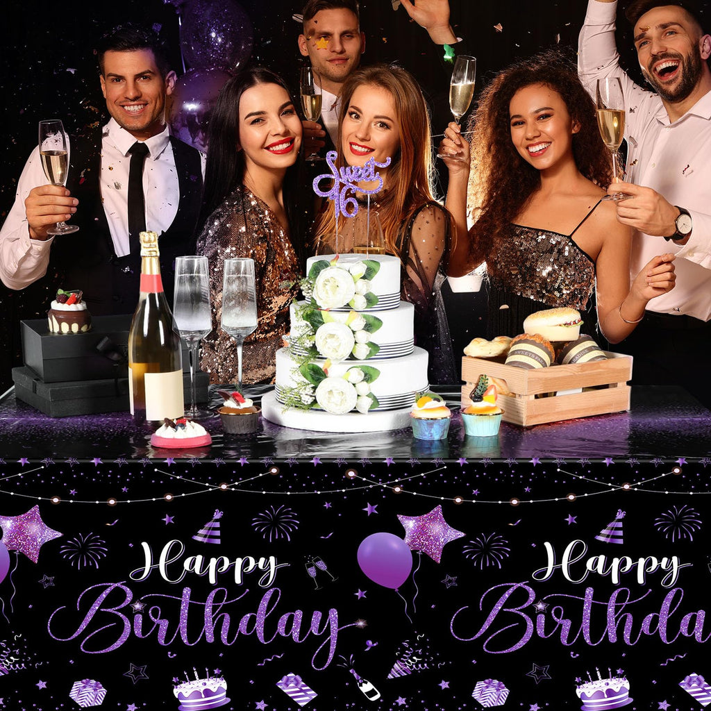 Tudomro 3 Pcs Happy Birthday Tablecloths — Black & Purple, 54 x 108 in, Disposable Party Covers