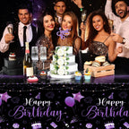 Tudomro 3 Pcs Happy Birthday Tablecloths — Black & Purple, 54 x 108 in, Disposable Party Covers