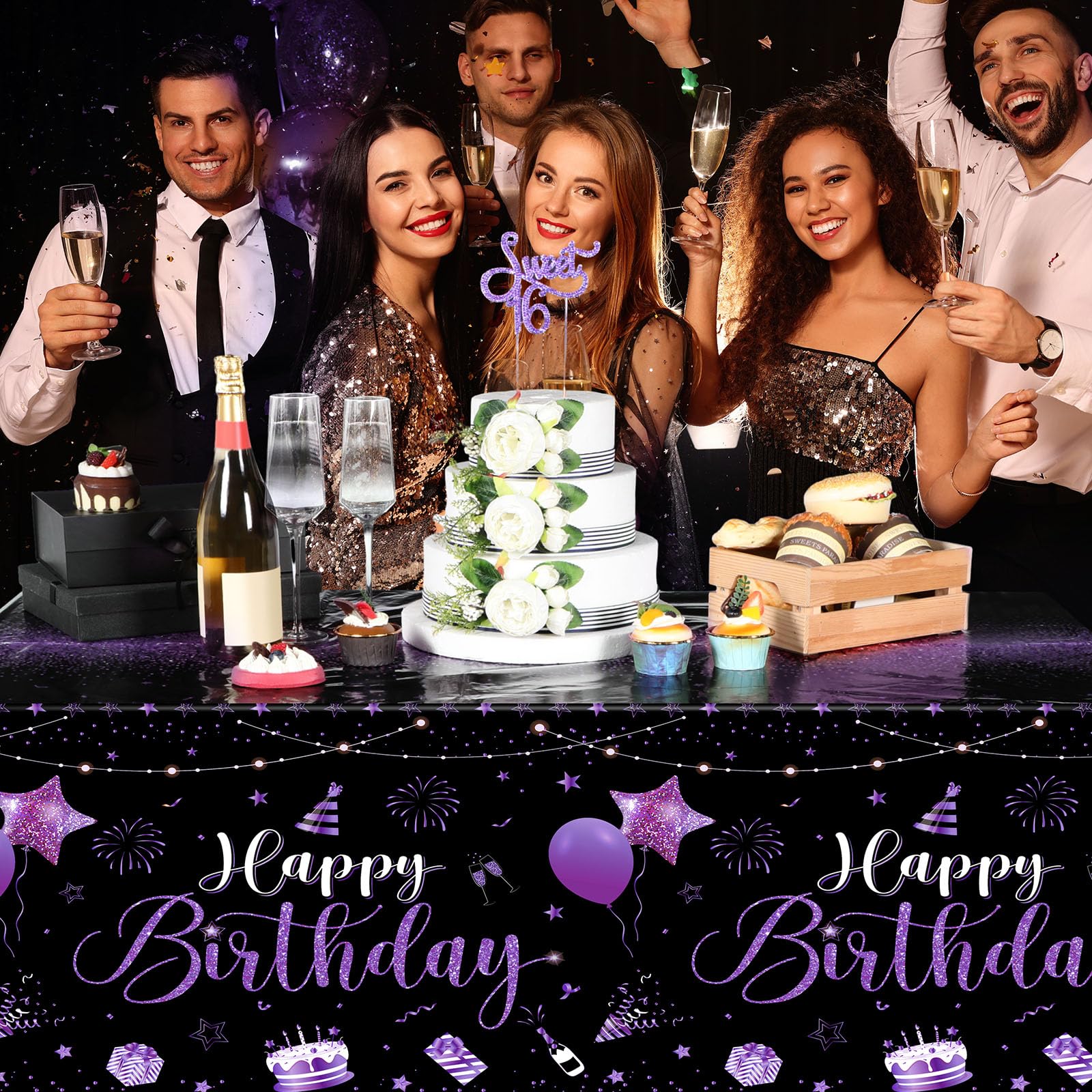 Tudomro 3 Pcs Happy Birthday Tablecloths — Black & Purple, 54 x 108 in, Disposable Party Covers