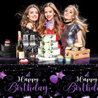 Tudomro 3 Pcs Happy Birthday Tablecloths — Black & Purple, 54 x 108 in, Disposable Party Covers