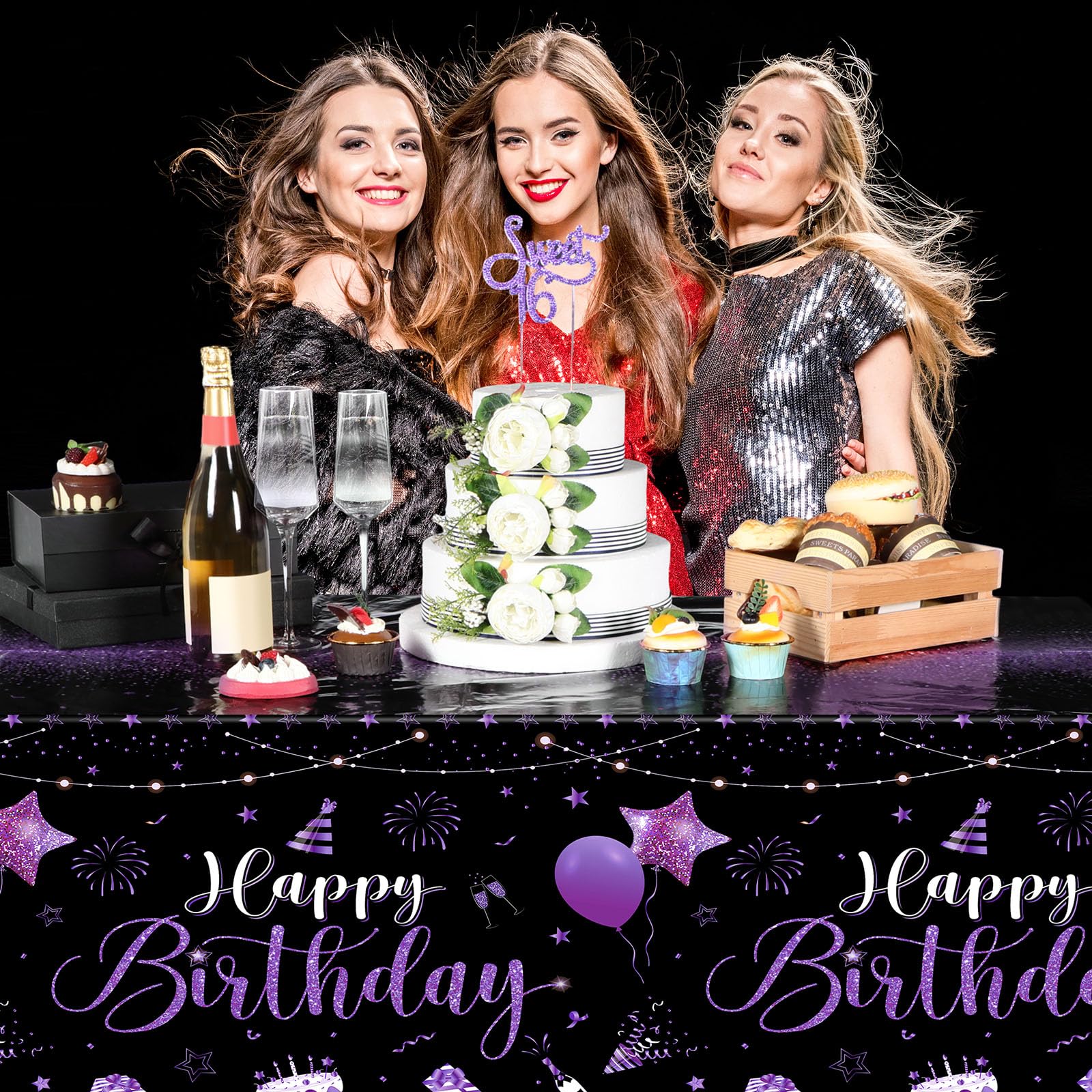 Tudomro 3 Pcs Happy Birthday Tablecloths — Black & Purple, 54 x 108 in, Disposable Party Covers