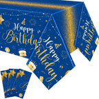Tudomro 3 Pcs Happy Birthday Tablecloths – Blue & Gold, 108 x 54 in