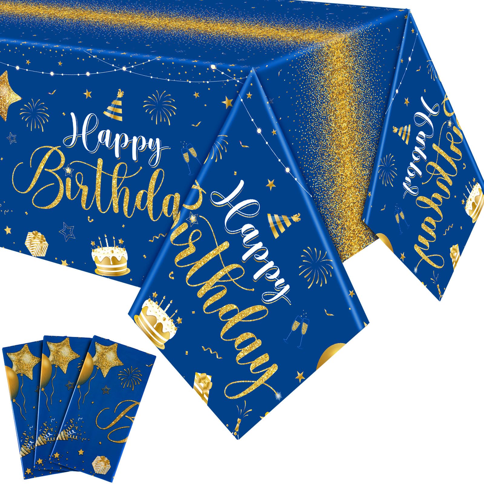 Tudomro 3 Pcs Happy Birthday Tablecloths – Blue & Gold, 108 x 54 in