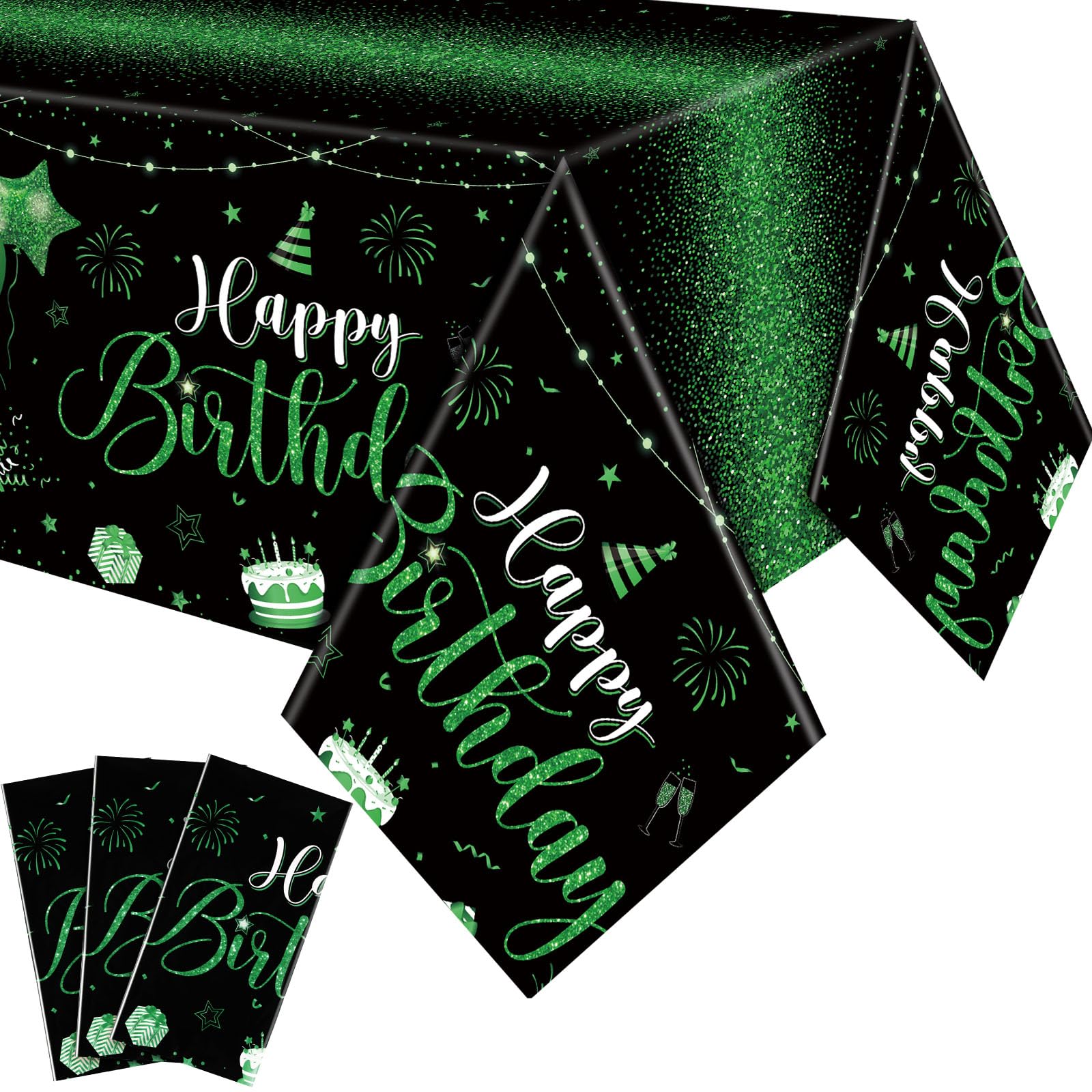 Tudomro 3 Pcs Happy Birthday Tablecloths – Black & Green Disposable Covers, 108 x 54 in