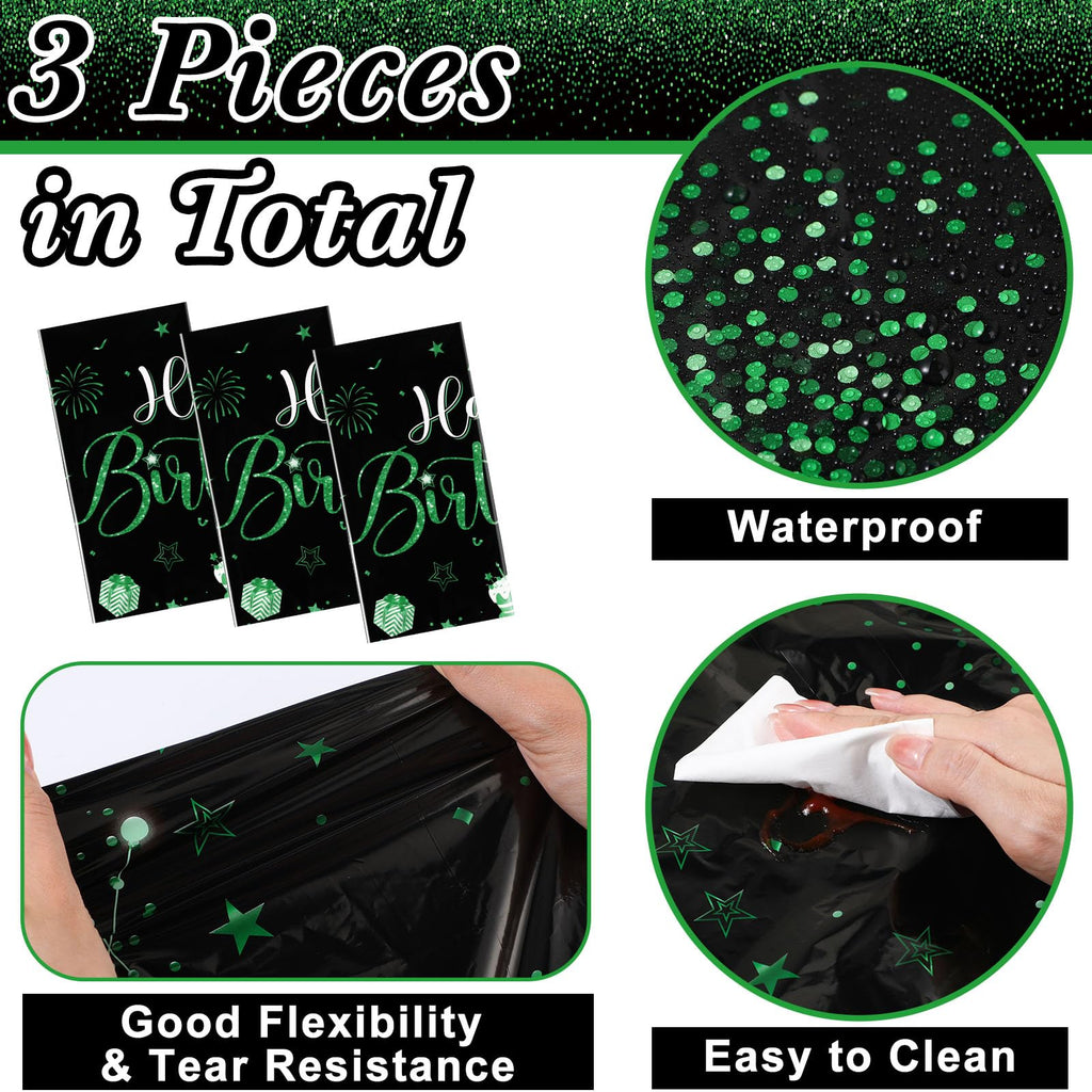 Tudomro 3 Pcs Happy Birthday Tablecloths – Black & Green Disposable Covers, 108 x 54 in