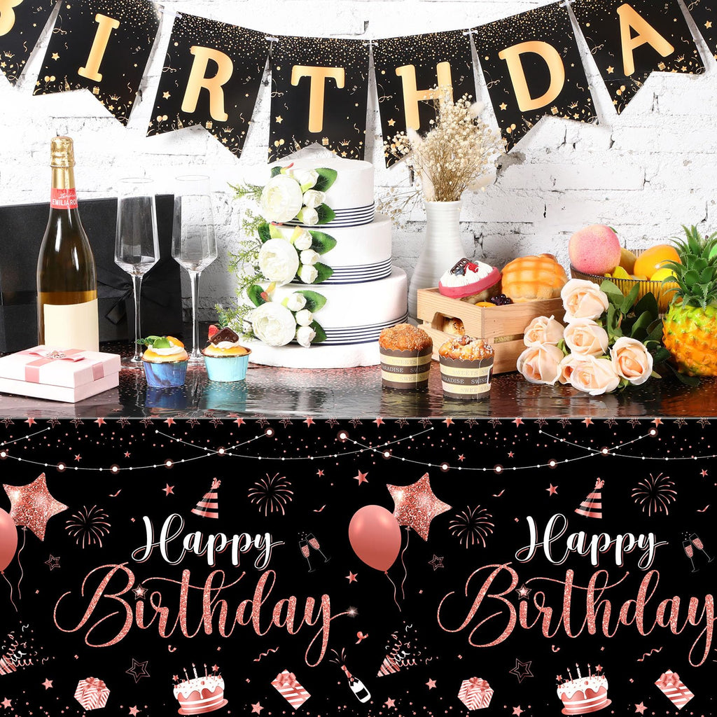 Tudomro 3 Pcs Happy Birthday Tablecloths – Black Rose Gold, 108 x 54 in