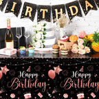 Tudomro 3 Pcs Happy Birthday Tablecloths – Black Rose Gold, 108 x 54 in