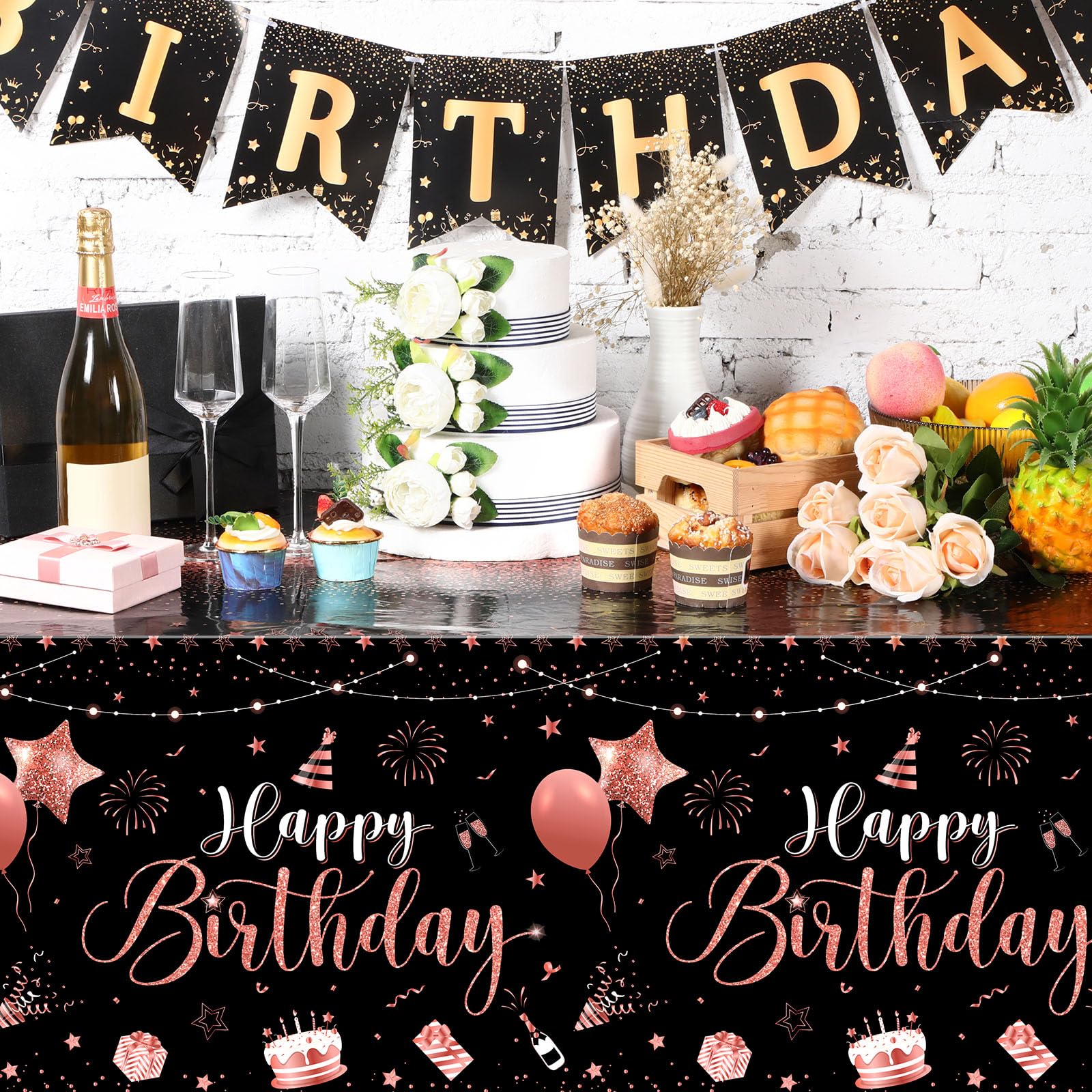 Tudomro 3 Pcs Happy Birthday Tablecloths – Black Rose Gold, 108 x 54 in