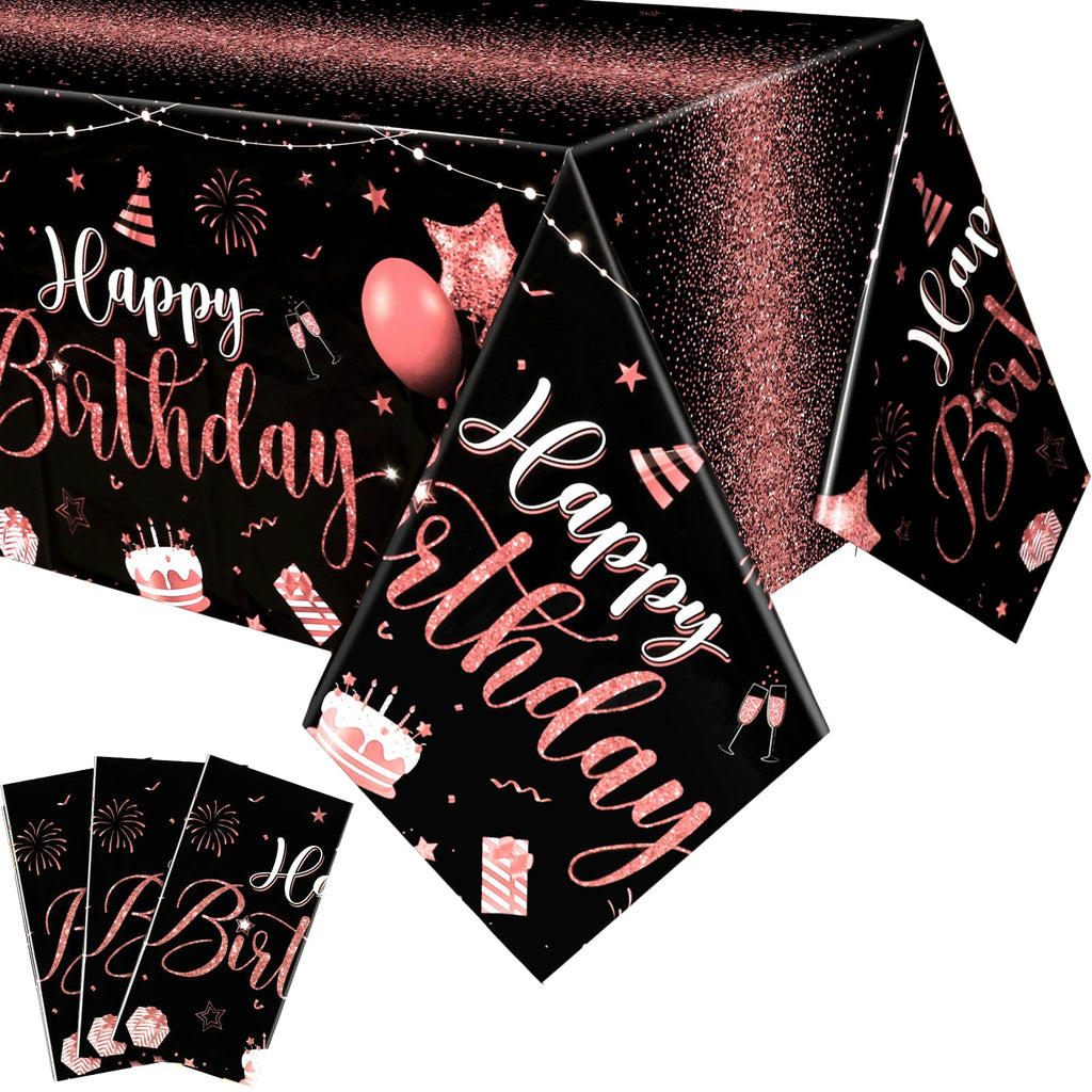 Tudomro 3 Pcs Happy Birthday Tablecloths – Black Rose Gold, 108 x 54 in