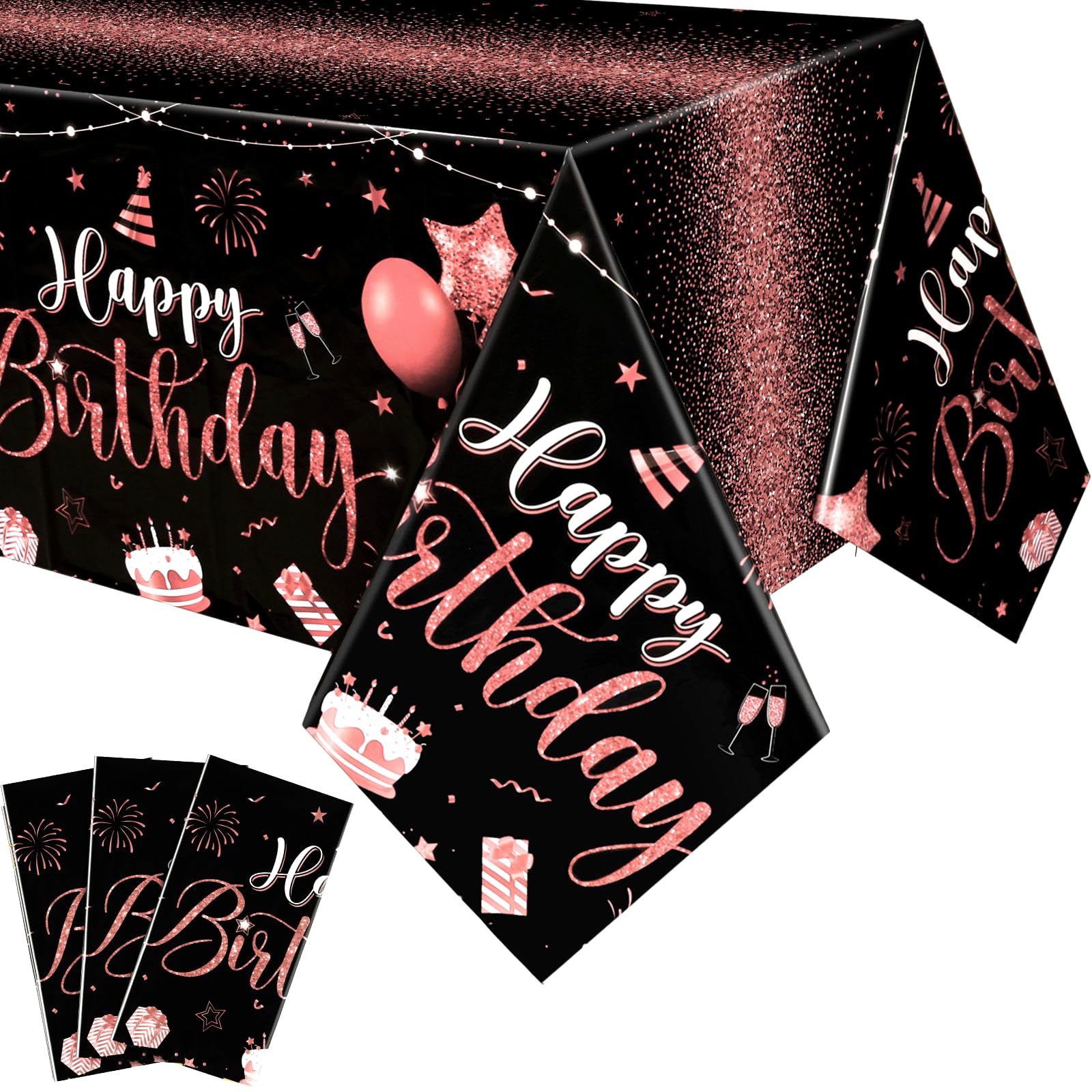 Tudomro 3 Pcs Happy Birthday Tablecloths – Black Rose Gold, 108 x 54 in