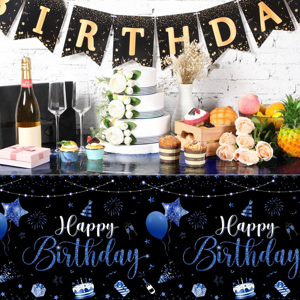 Tudomro 3-Piece Happy Birthday Tablecloths – Black & Blue, 108 x 54 in