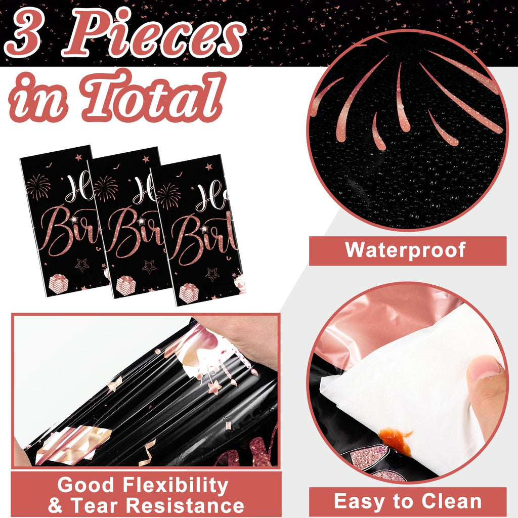 Tudomro 3 Pcs Happy Birthday Tablecloths – Black Rose Gold, 108 x 54 in