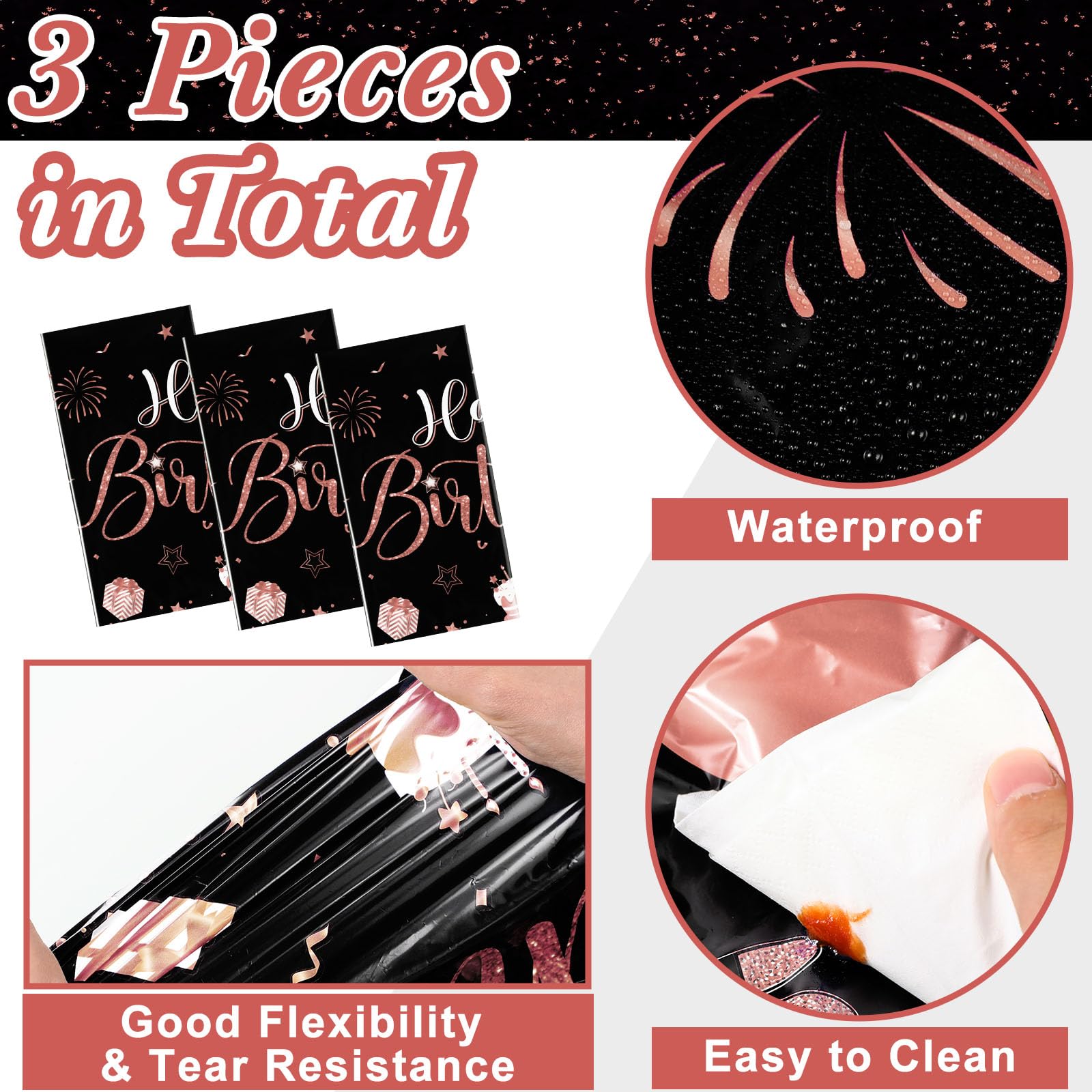 Tudomro 3 Pcs Happy Birthday Tablecloths – Black Rose Gold, 108 x 54 in