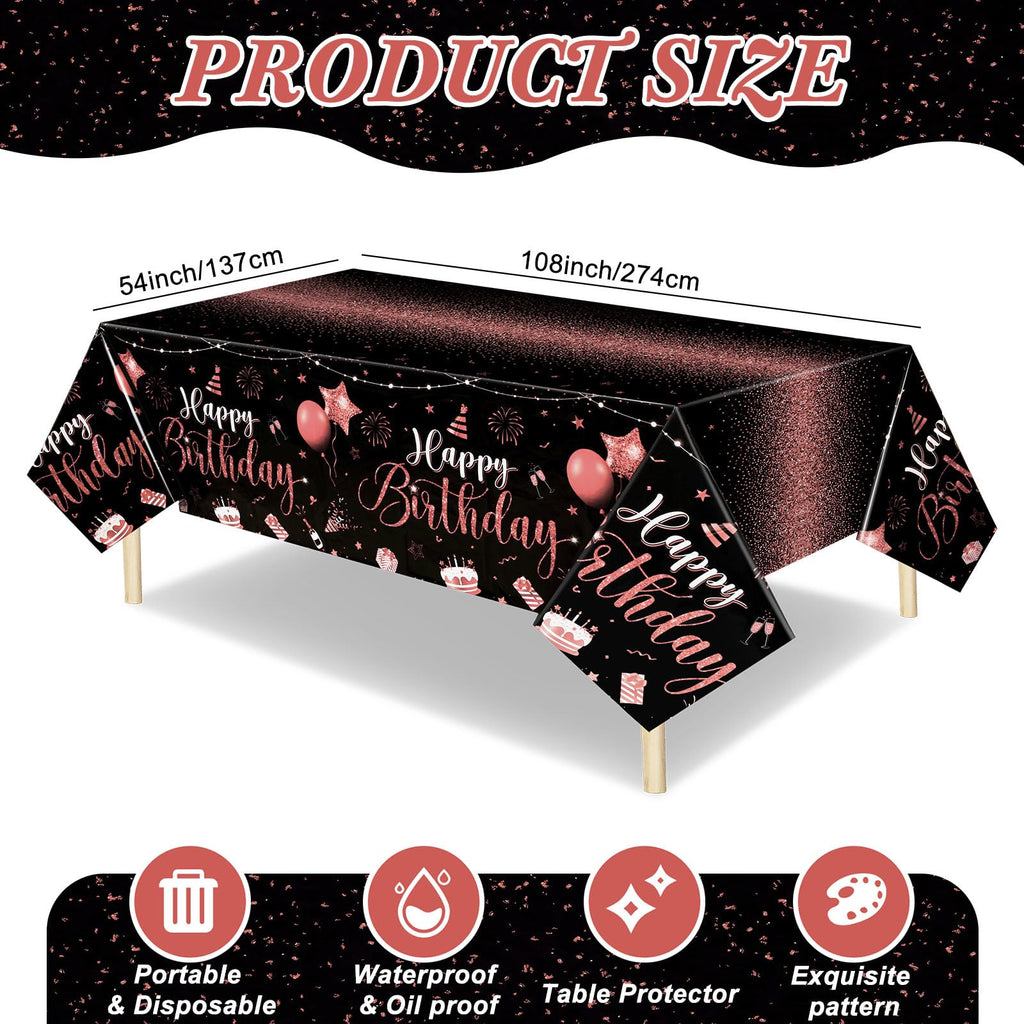 Tudomro 3 Pcs Happy Birthday Tablecloths – Black Rose Gold, 108 x 54 in