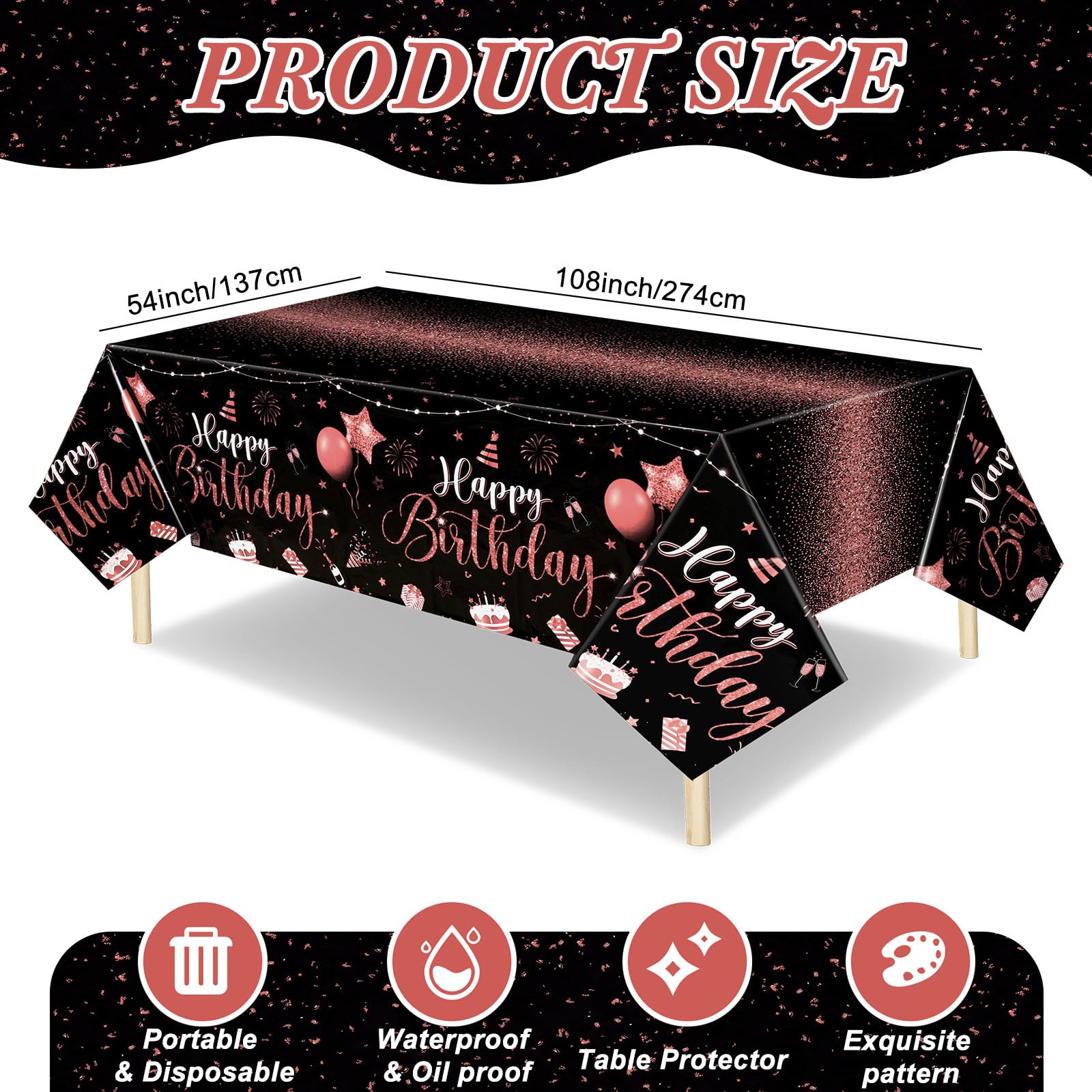 Tudomro 3 Pcs Happy Birthday Tablecloths – Black Rose Gold, 108 x 54 in