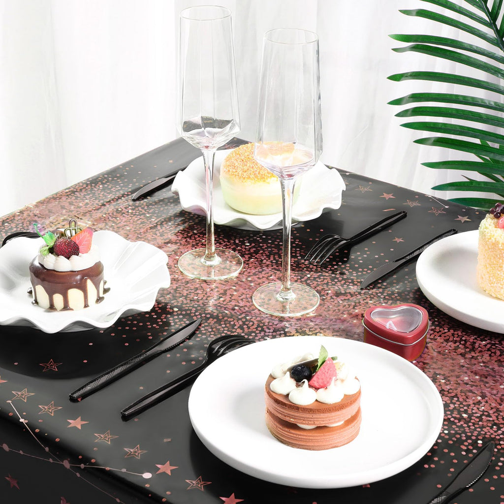 Tudomro 3 Pcs Happy Birthday Tablecloths – Black Rose Gold, 108 x 54 in