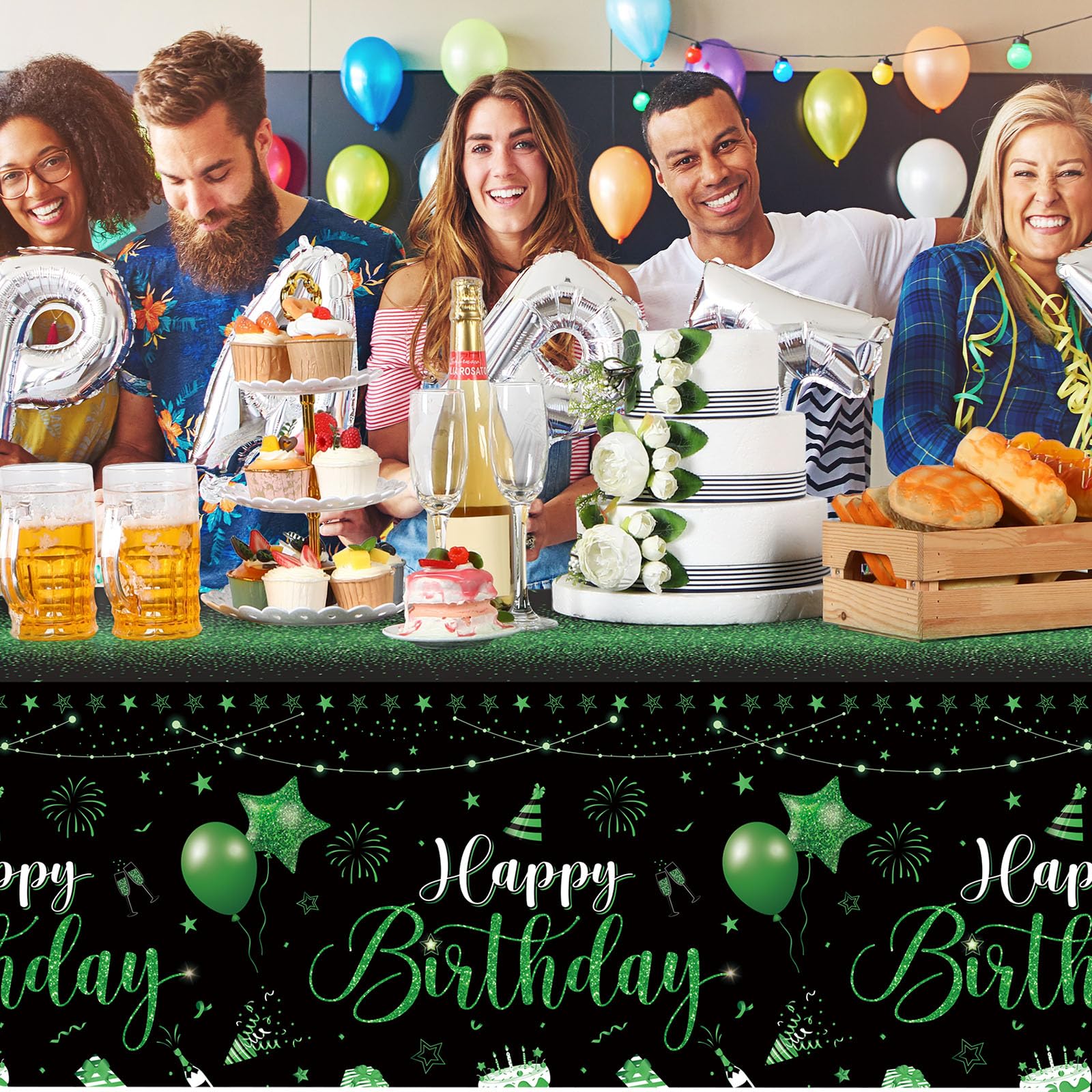 Tudomro 3 Pcs Happy Birthday Tablecloths – Black & Green Disposable Covers, 108 x 54 in