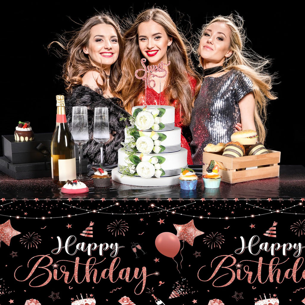 Tudomro 3 Pcs Happy Birthday Tablecloths – Black Rose Gold, 108 x 54 in