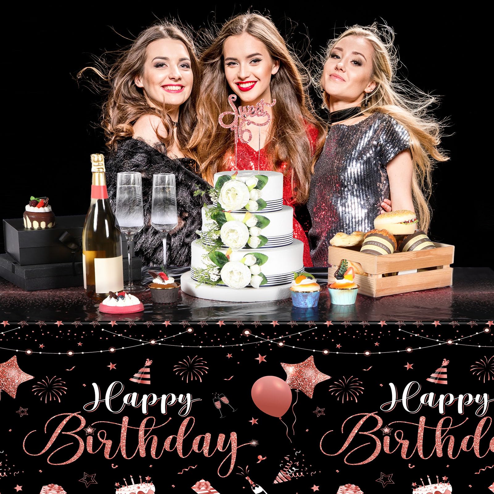 Tudomro 3 Pcs Happy Birthday Tablecloths – Black Rose Gold, 108 x 54 in