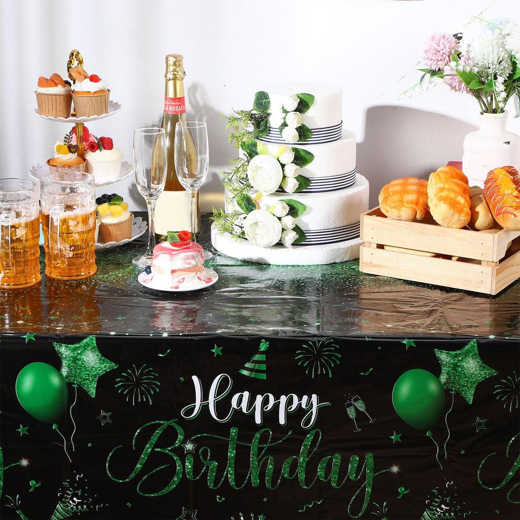 Tudomro 3 Pcs Happy Birthday Tablecloths – Black & Green Disposable Covers, 108 x 54 in