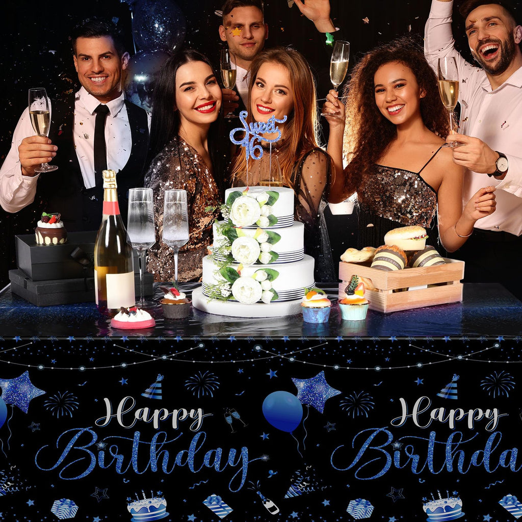 Tudomro 3-Piece Happy Birthday Tablecloths – Black & Blue, 108 x 54 in