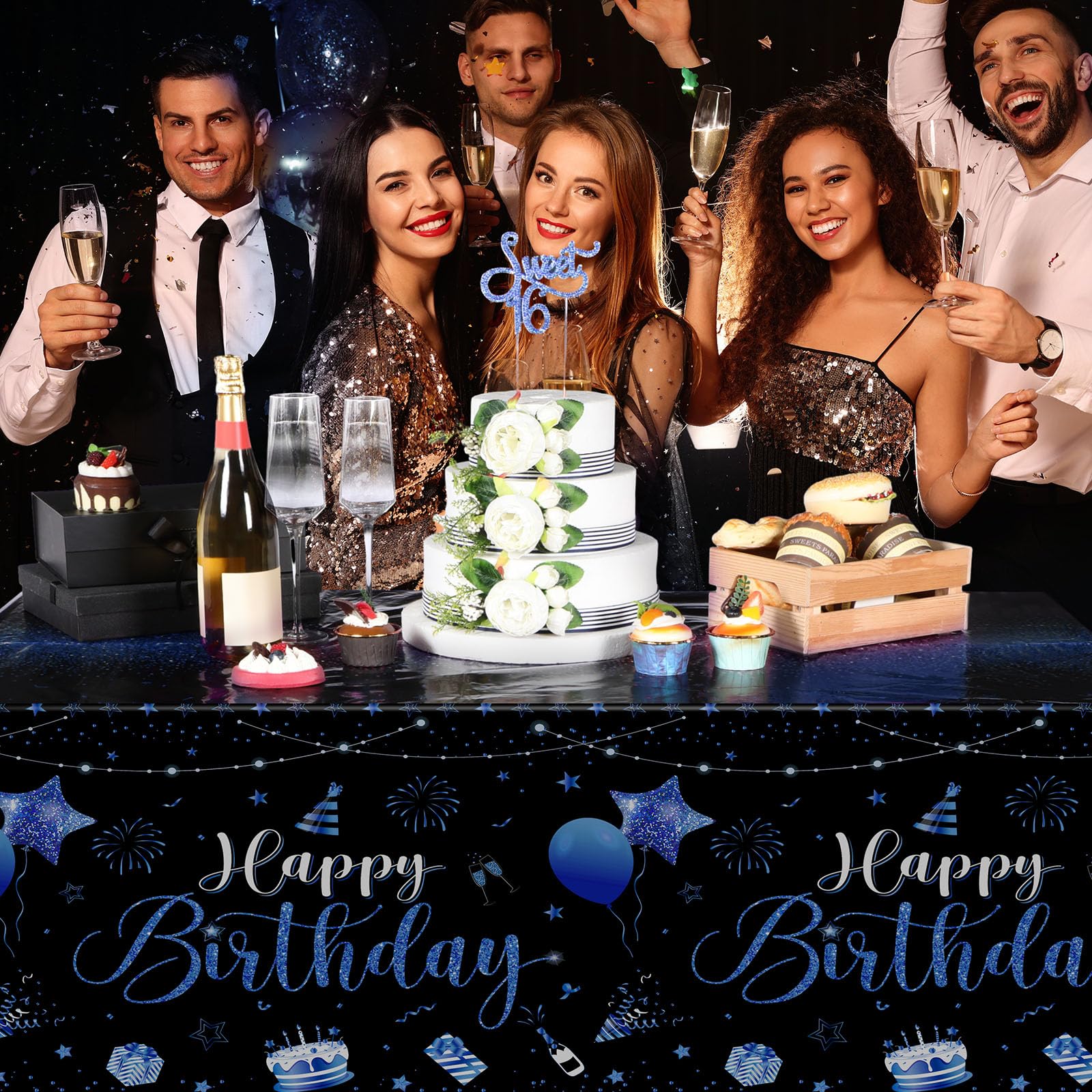 Tudomro 3-Piece Happy Birthday Tablecloths – Black & Blue, 108 x 54 in