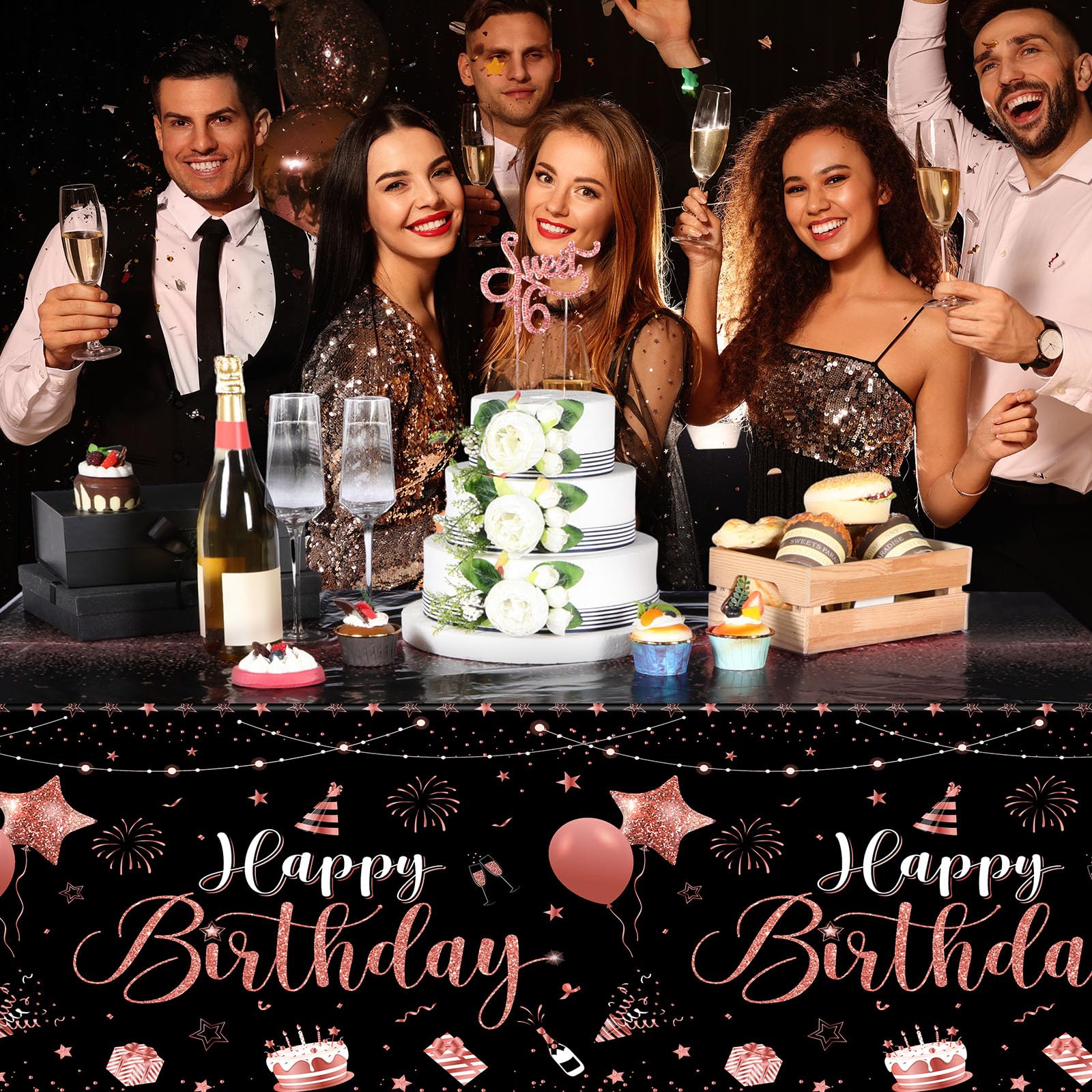 Tudomro 3 Pcs Happy Birthday Tablecloths – Black Rose Gold, 108 x 54 in