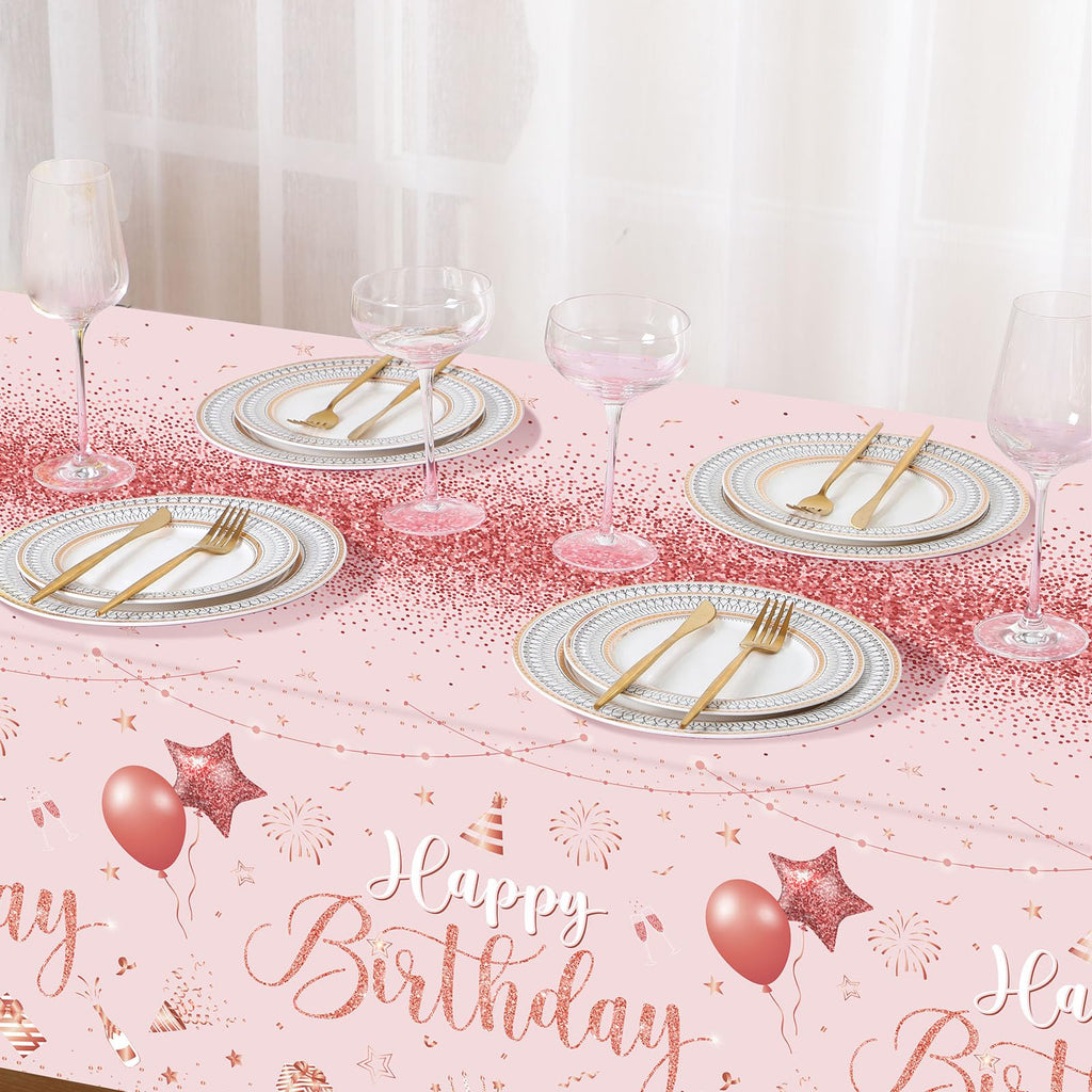 Tudomro 3 Pcs Happy Birthday Tablecloths - Pink Rose Gold - Disposable Plastic Table Cover, 54 x 108 in