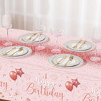Tudomro 3 Pcs Happy Birthday Tablecloths - Pink Rose Gold - Disposable Plastic Table Cover, 54 x 108 in
