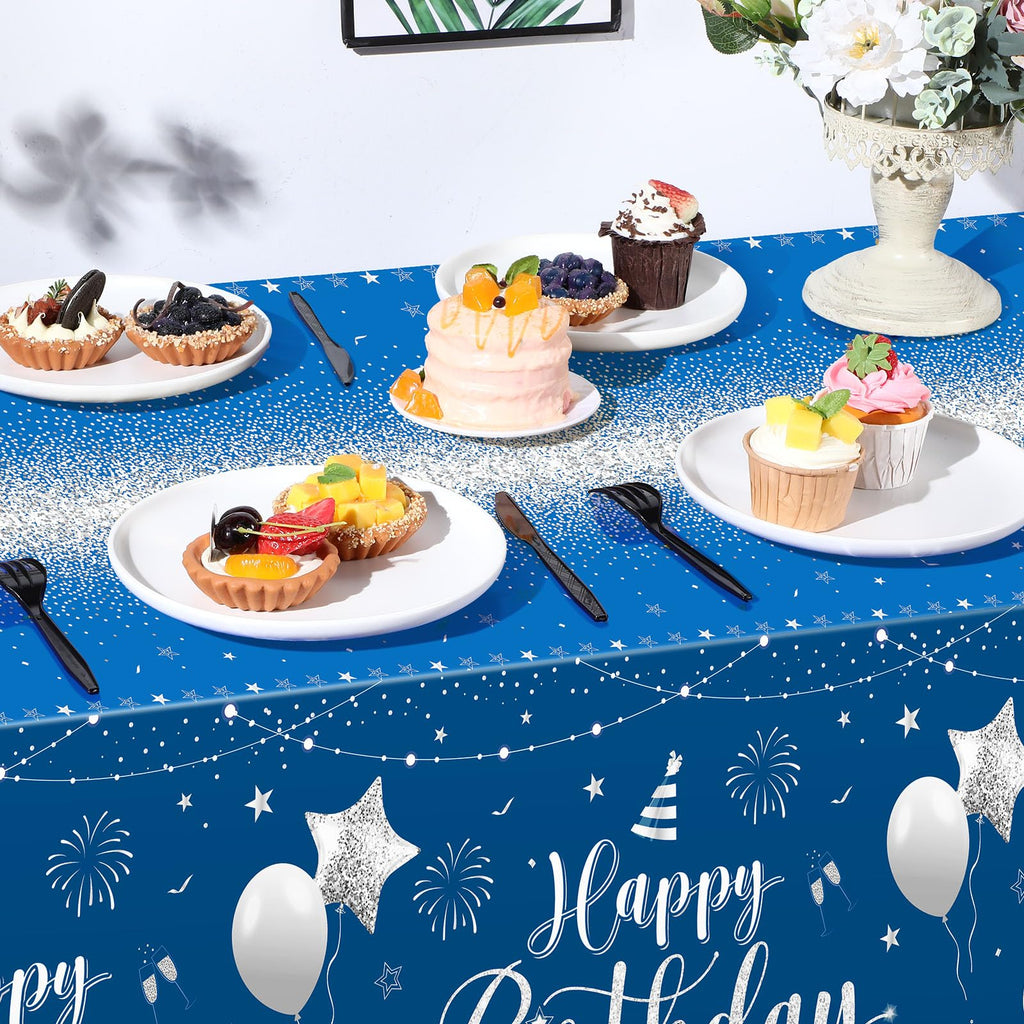 Tudomro 3 Pcs Happy Birthday Tablecloths – Blue & Silver, 54x108 in, Disposable Plastic Covers