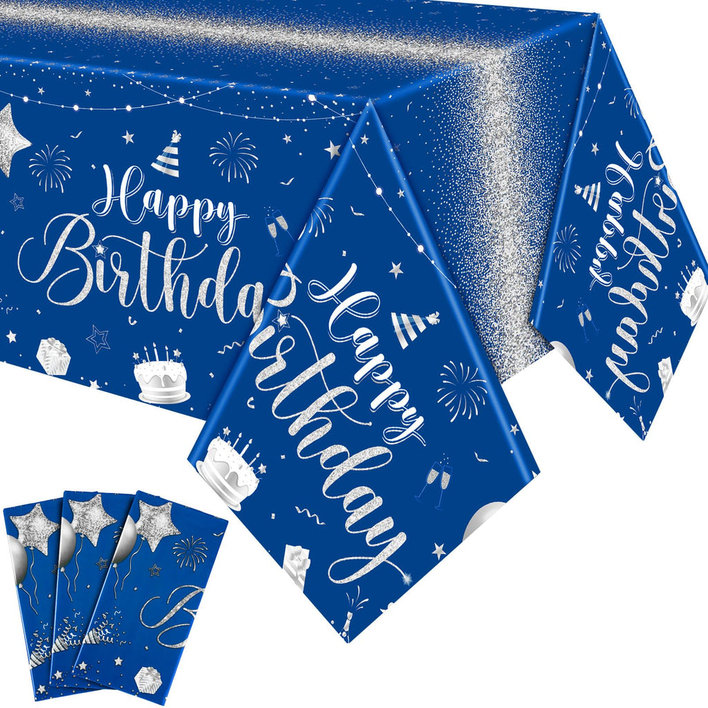 Tudomro 3 Pcs Happy Birthday Tablecloths – Blue & Silver, 54x108 in, Disposable Plastic Covers