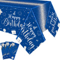 Tudomro 3 Pcs Happy Birthday Tablecloths – Blue & Silver, 54x108 in, Disposable Plastic Covers